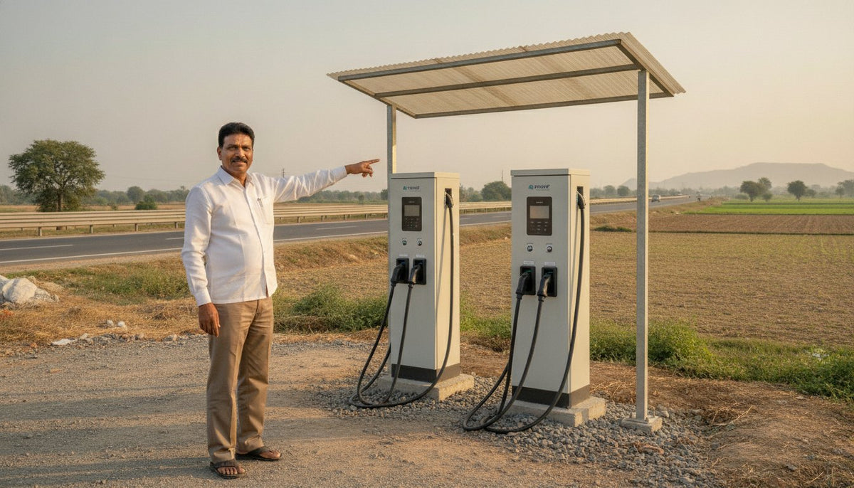 हाईवे किनारे अपनी ज़मीन पर नए लगे DC चार्जर की ओर इशारा करता ज़मीन मालिक