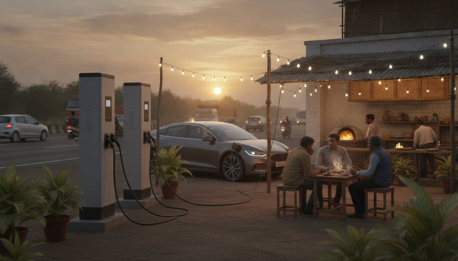 Roadside dhaba on a highway with two DC fast chargers and an electric car charging