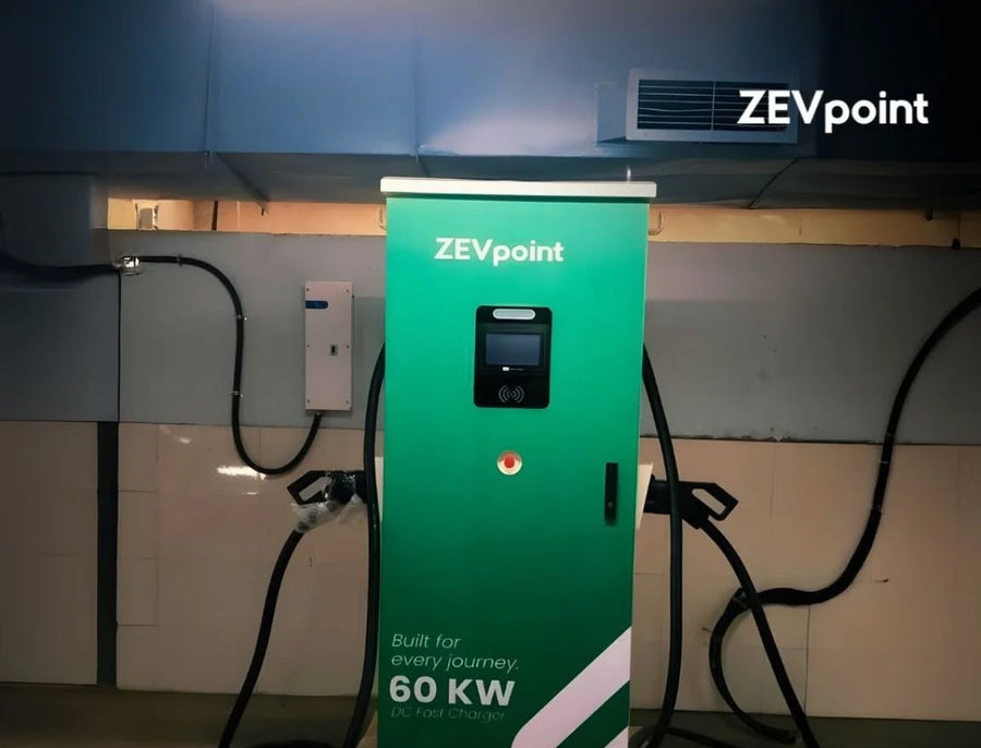 A Zevpoint 60 kW dual-gun DC fast charger installed at Bank of Baroda