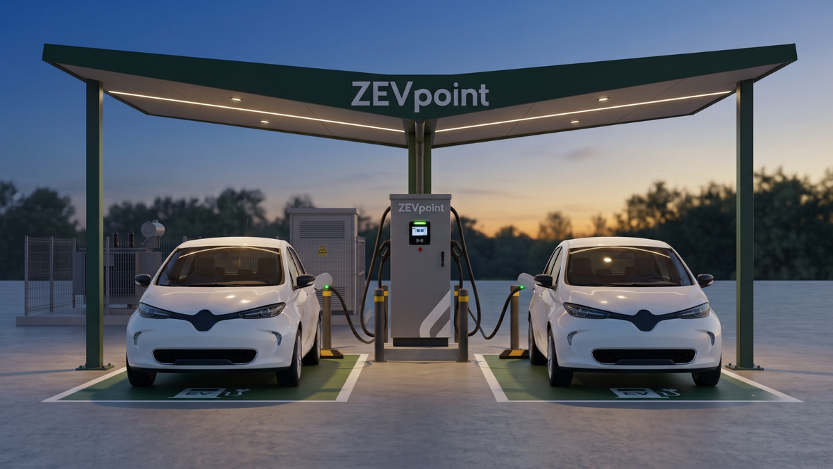 Render of a planned Zevpoint DC charging station with canopy, chargers and transformer