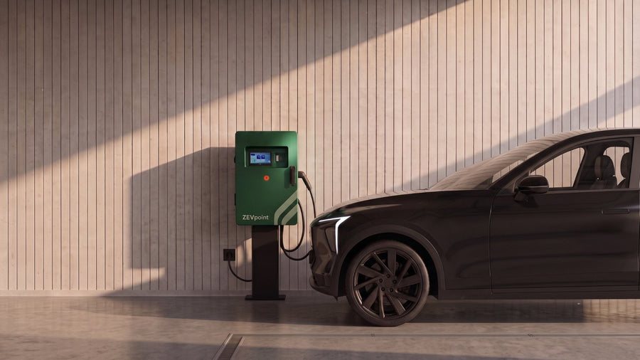 Render of a Zevpoint DC charger charging an electric SUV