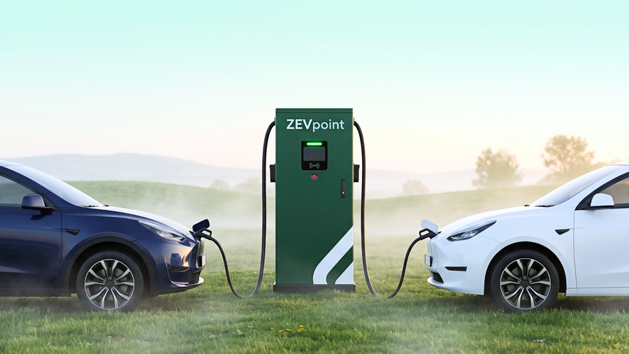 Render of two electric cars charging from one Zevpoint dual-gun DC fast charger