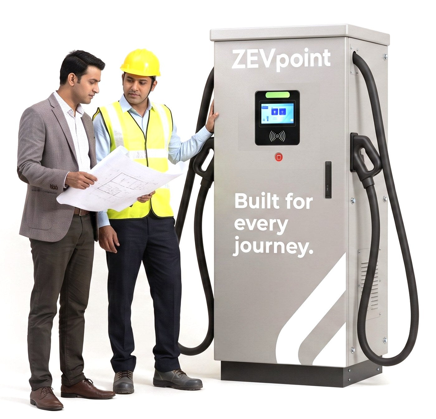 ZEVpoint engineer and consultant reviewing a site plan beside a ZEVpoint DC fast charger