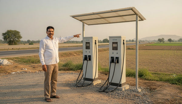 हाईवे किनारे अपनी ज़मीन पर नए लगे DC चार्जर की ओर इशारा करता ज़मीन मालिक
