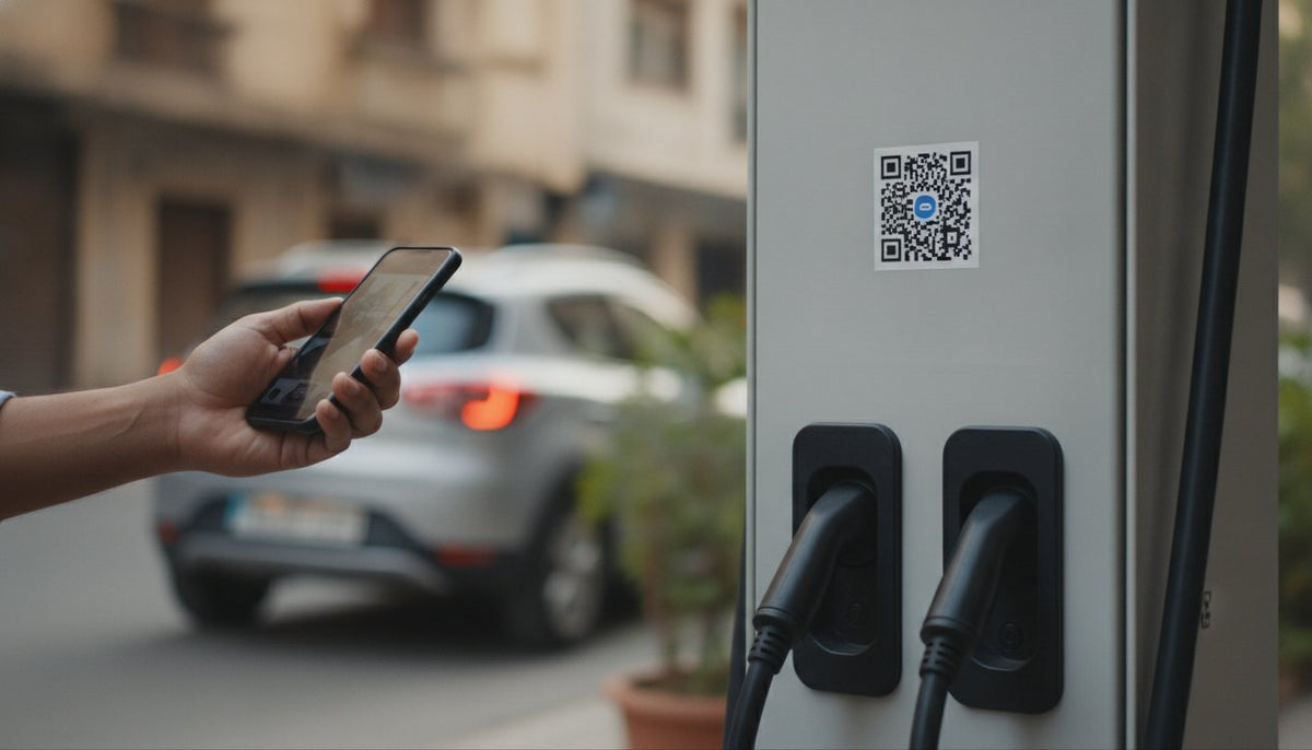 Driver scanning the UPI QR code on a DC fast charger with a phone