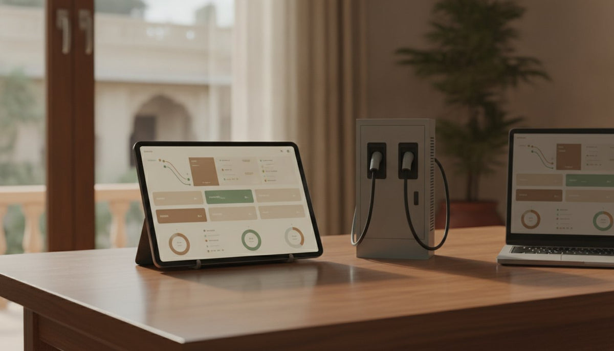 Tablet and laptop showing a charging station dashboard beside a small DC charger model