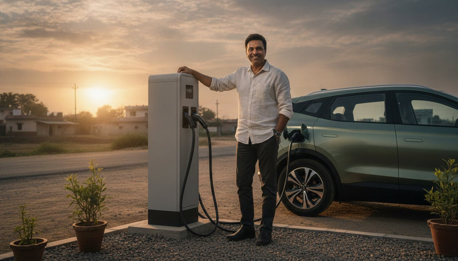 Station owner standing beside his own DC fast charger at a roadside plot at sunset