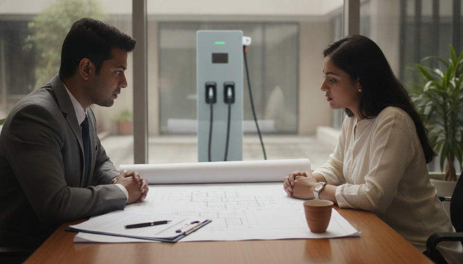 Two people reviewing a site drawing and checklist with a DC charger outside the window