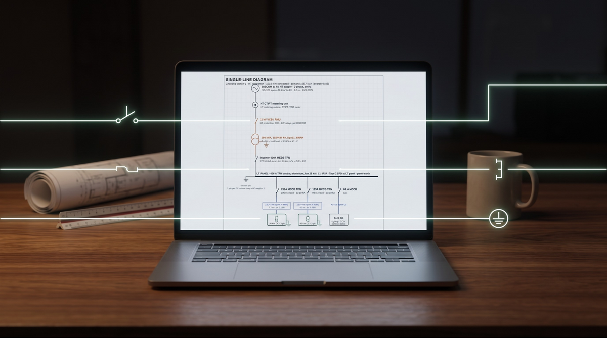 Render of a single-line diagram of a DC charging station on screen