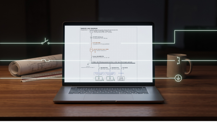 Render of a single-line diagram of a DC charging station on screen