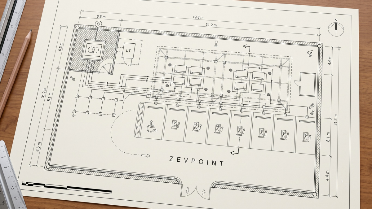 Render of a dimensioned site drawing for a DC charging station
