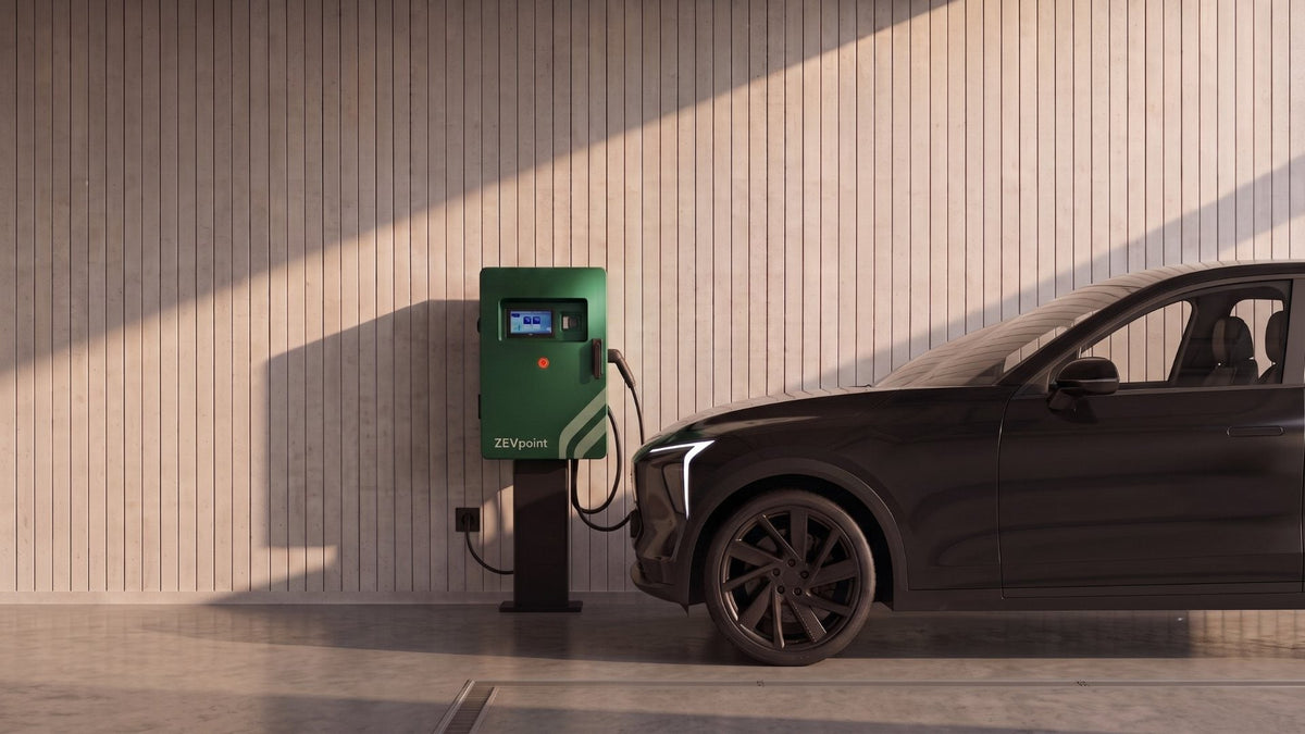Render of a Zevpoint DC charger charging an electric SUV