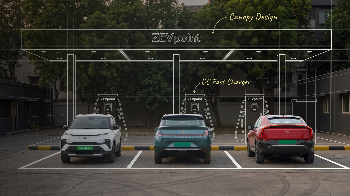 Render of a Zevpoint DC fast charging station design with canopy and three EVs charging