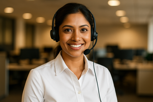 a beautiful indian call center girl facing the camera while wearing her calling gear. 