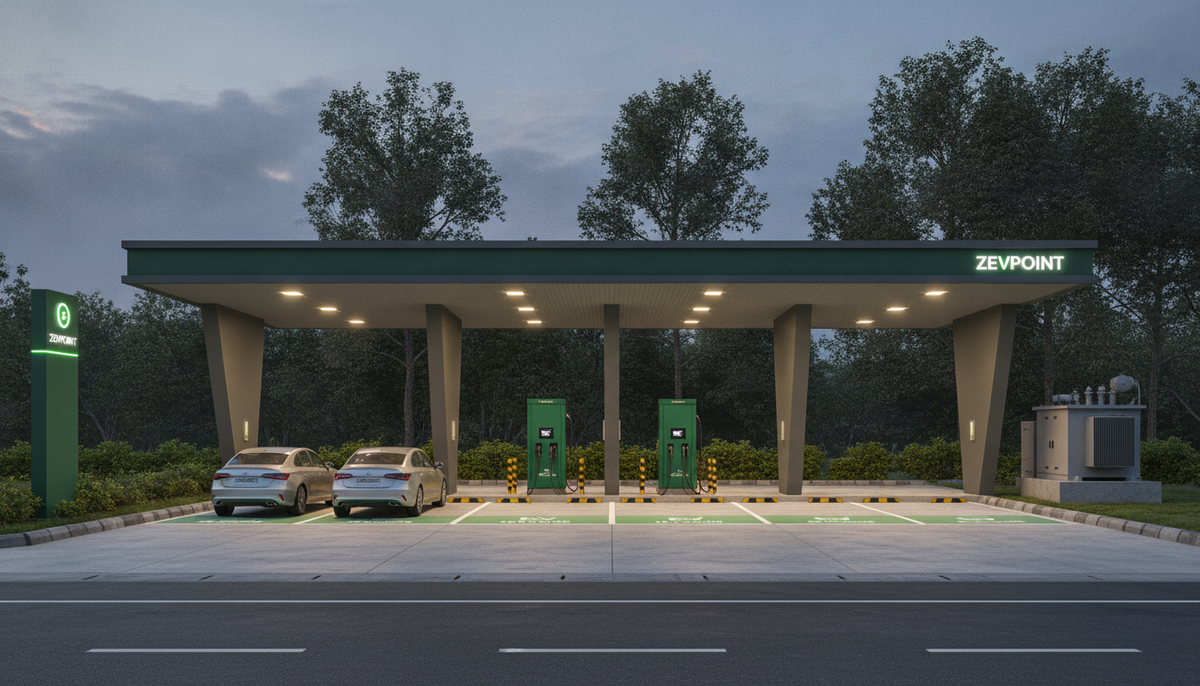 Render of a sample Zevpoint DC charging station at dusk: canopy, three chargers, cars in the bays, LT panel and transformer