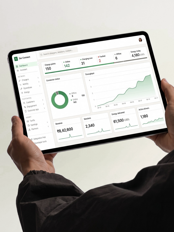 ZEVpoint CMS dashboard on a tablet