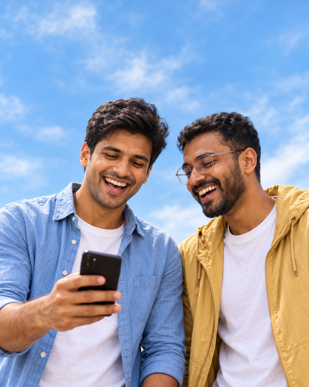 Two EV drivers smiling at a phone after paying by QR, with no app