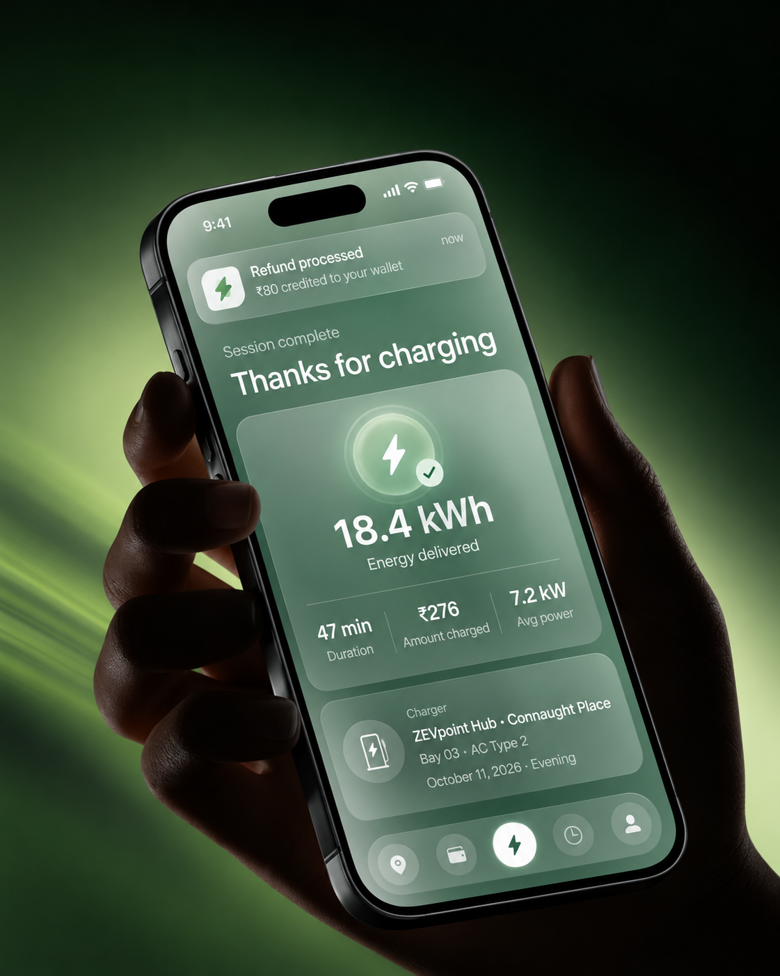 Charging session summary on a phone after scan and pay